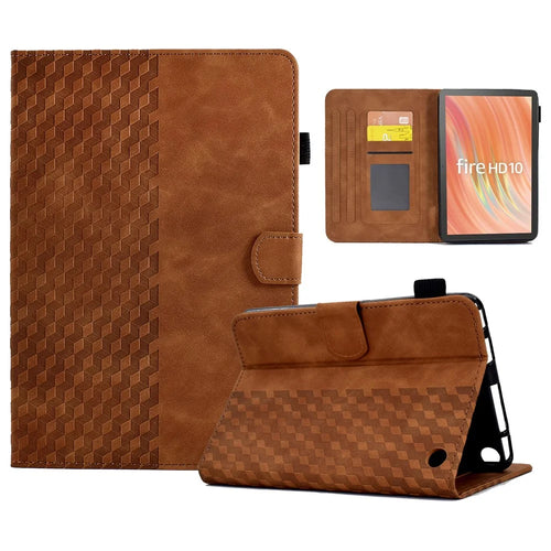 A6 For Amazon Fire HD 10 (2023) Leather Case Block Pattern Imprinted Card Slots Tablet Cover - Brown - 1