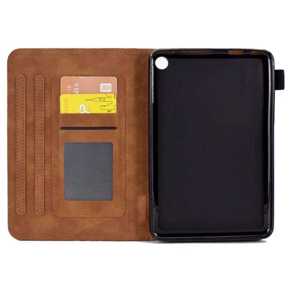 A6 For Amazon Fire HD 10 (2023) Leather Case Block Pattern Imprinted Card Slots Tablet Cover - Brown - 4
