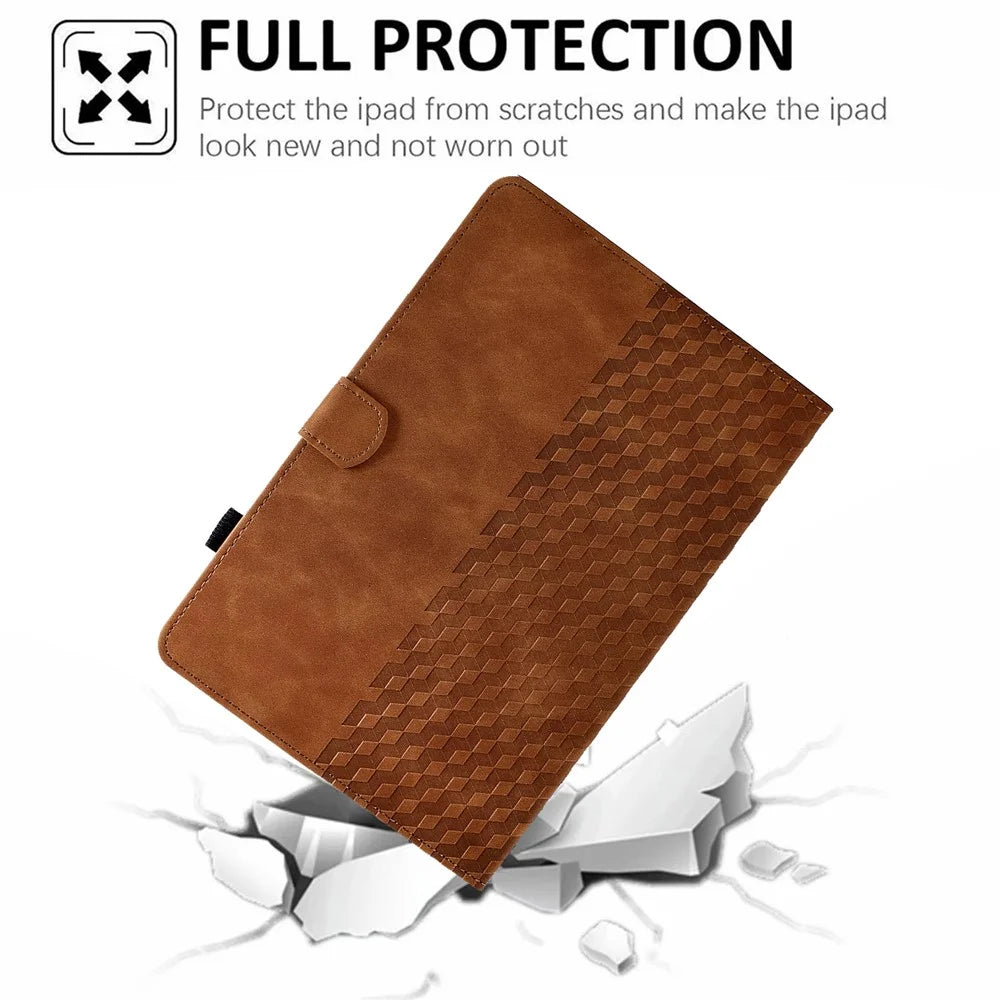 A6 For Amazon Fire HD 10 (2023) Leather Case Block Pattern Imprinted Card Slots Tablet Cover - Brown - 7