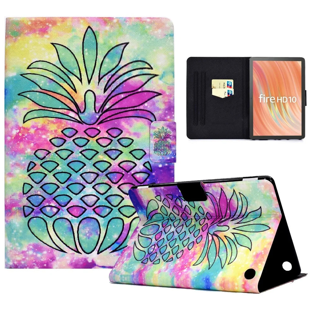 A2 For Amazon Fire HD 10 (2023) Case Pattern Printed PU Leather Tablet Cover with Card Slots - Colorful Pineapple - 1