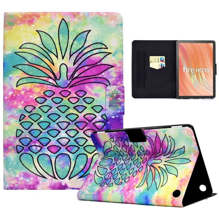 A2 For Amazon Fire HD 10 (2023) Case Pattern Printed PU Leather Tablet Cover with Card Slots - Colorful Pineapple - 1