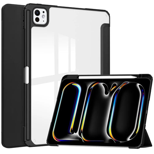 For iPad Pro 11 (2025) / 11 (2024) Case PU Leather+TPU+Acrylic Clear Tablet Cover with Pen Slot - Black - 1