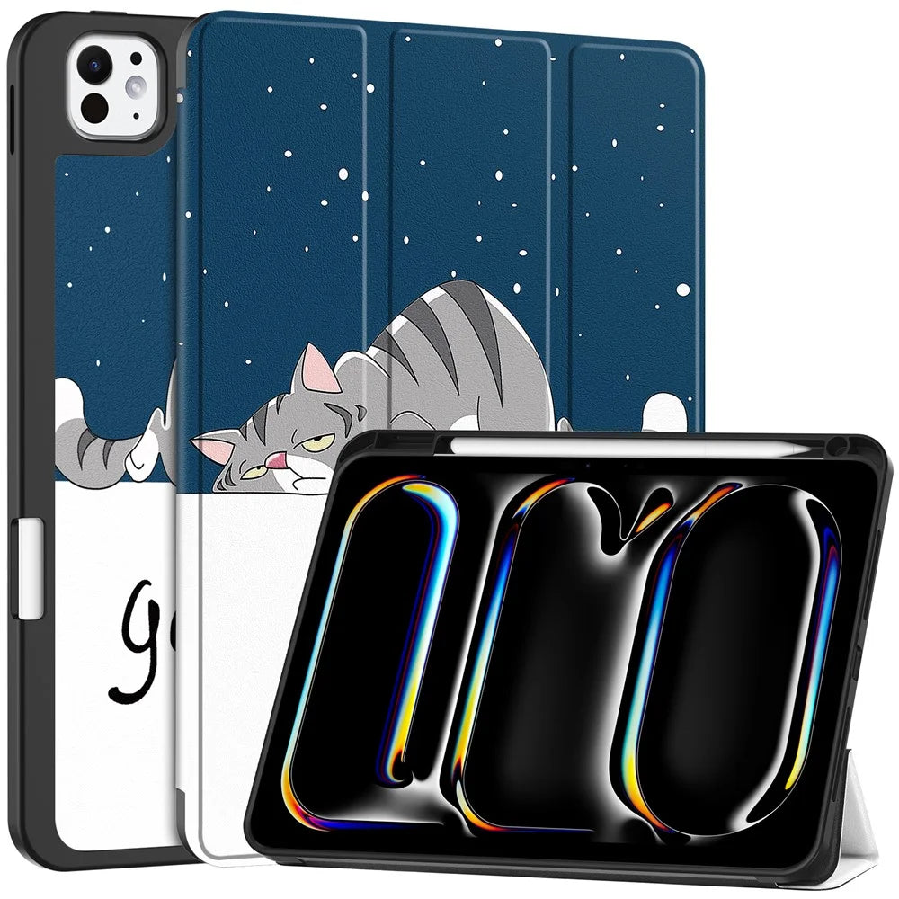 For iPad Pro 11 (2025) / 11 (2024) Case Pattern Printing PU Leather Tri-Fold Stand Cover with Pen Slot - Cat - 1