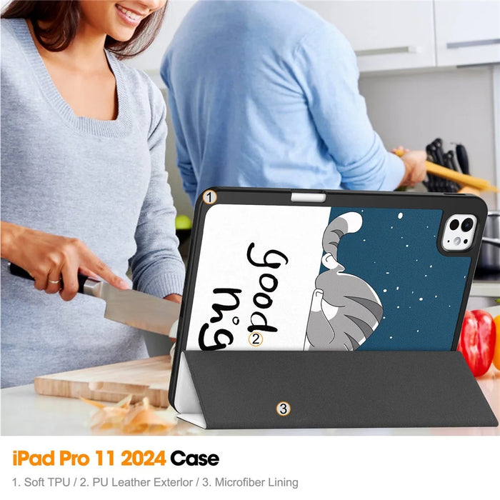 For iPad Pro 11 (2025) / 11 (2024) Case Pattern Printing PU Leather Tri-Fold Stand Cover with Pen Slot - Cat - 6