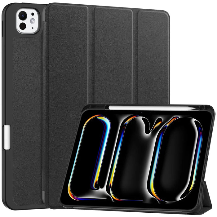 For iPad Pro 11 (2025) / 11 (2024) Leather Case Drop-proof Tri-fold Stand Tablet Cover with Pen Slot - Black - 1