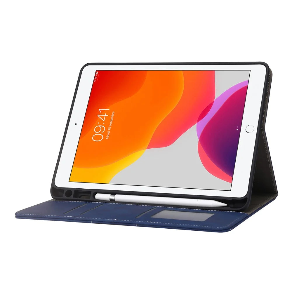 For iPad Air (2013) / Air 2 / iPad 9.7-inch (2017) / (2018) Tablet Case Wallet Leather Flip Cover with Pens Slot - Dark Blue - 3