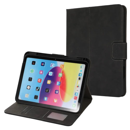 For iPad (2025) / 10.9 (2022) Case Leather Flip Wallet Tablet Cover with Pens Slot - Black - 1