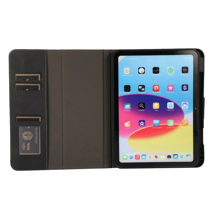 For iPad (2025) / 10.9 (2022) Case Leather Flip Wallet Tablet Cover with Pens Slot - Black - 2