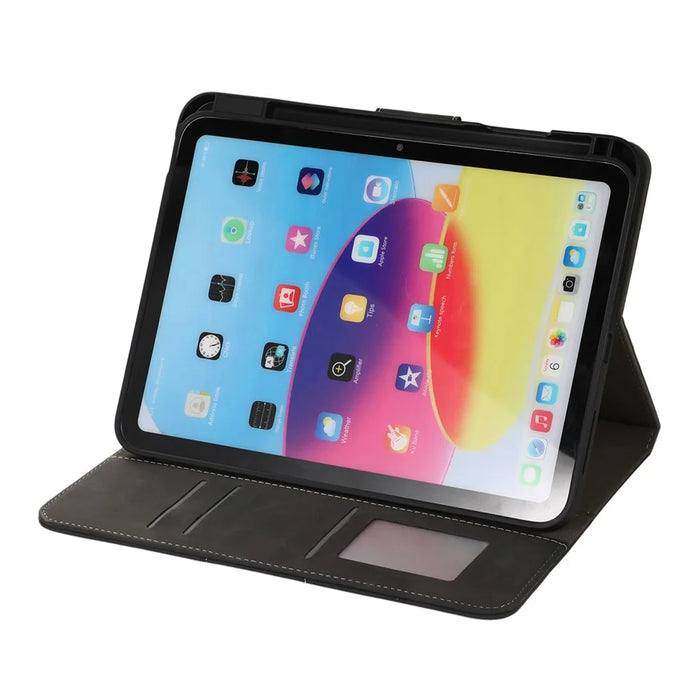 For iPad (2025) / 10.9 (2022) Case Leather Flip Wallet Tablet Cover with Pens Slot - Black - 3
