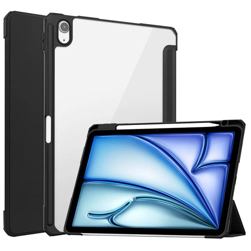 For iPad Air 11 (2026) / (2025) / (2024) Clear Case PU Leather Auto Wake Sleep Protective Cover with Pen Slot - Black - 1