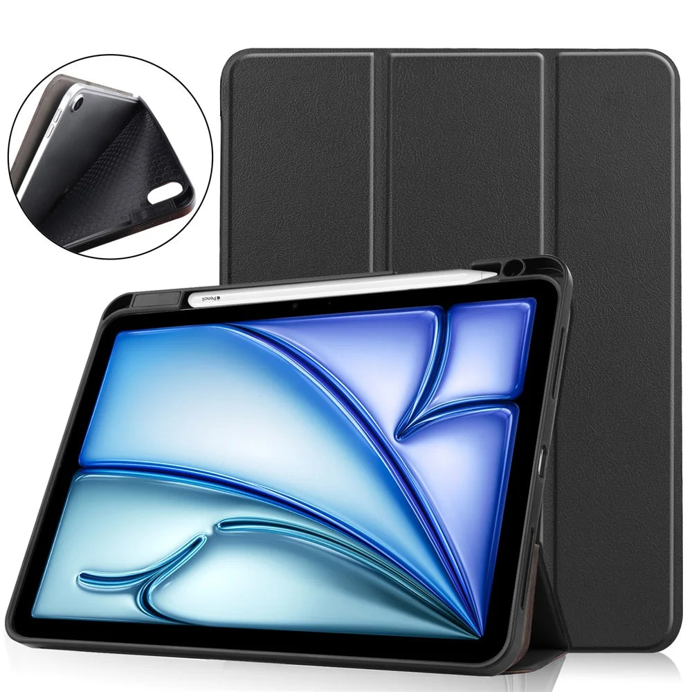 For iPad Air 11 (2026) / (2025) / (2024) Case Tri-Fold Stand Protective Tablet Cover with Pen Slot - Black - 1