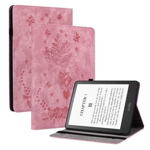 For Amazon Kindle Paperwhite (2024) / Kindle Colorsoft Leather Case Card Holder Rose Flower E-Reader Cover - Pink - 1