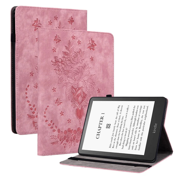 For Amazon Kindle Paperwhite (2024) / Kindle Colorsoft Leather Case Card Holder Rose Flower E-Reader Cover - Pink - 1