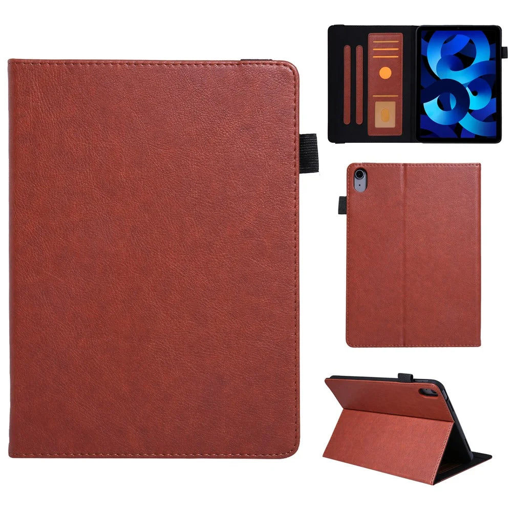 For iPad (2025) / 10.9 (2022) Shockproof Case Card Slots Tablet Leather Flip Cover with Pens Holder - Brown - 1