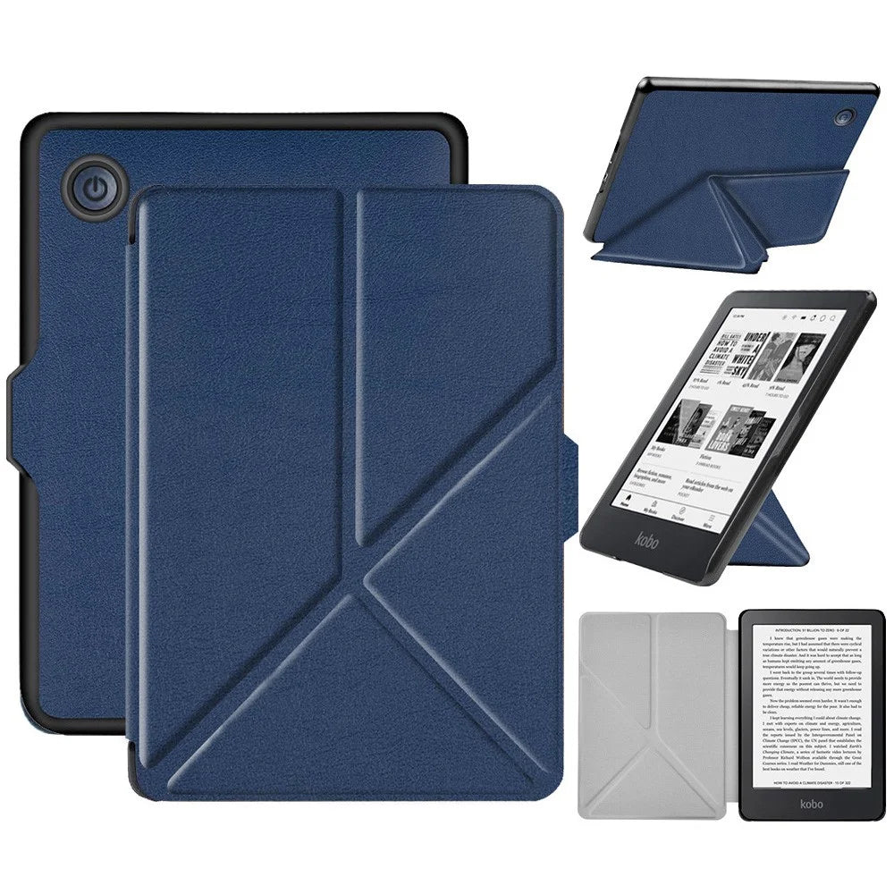 For Kobo Clara 2E Case Origami Stand Hard PC+PU Leather Tablet Cover - Dark Blue - 1