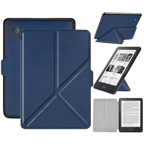 For Kobo Clara 2E Case Origami Stand Hard PC+PU Leather Tablet Cover - Dark Blue - 1
