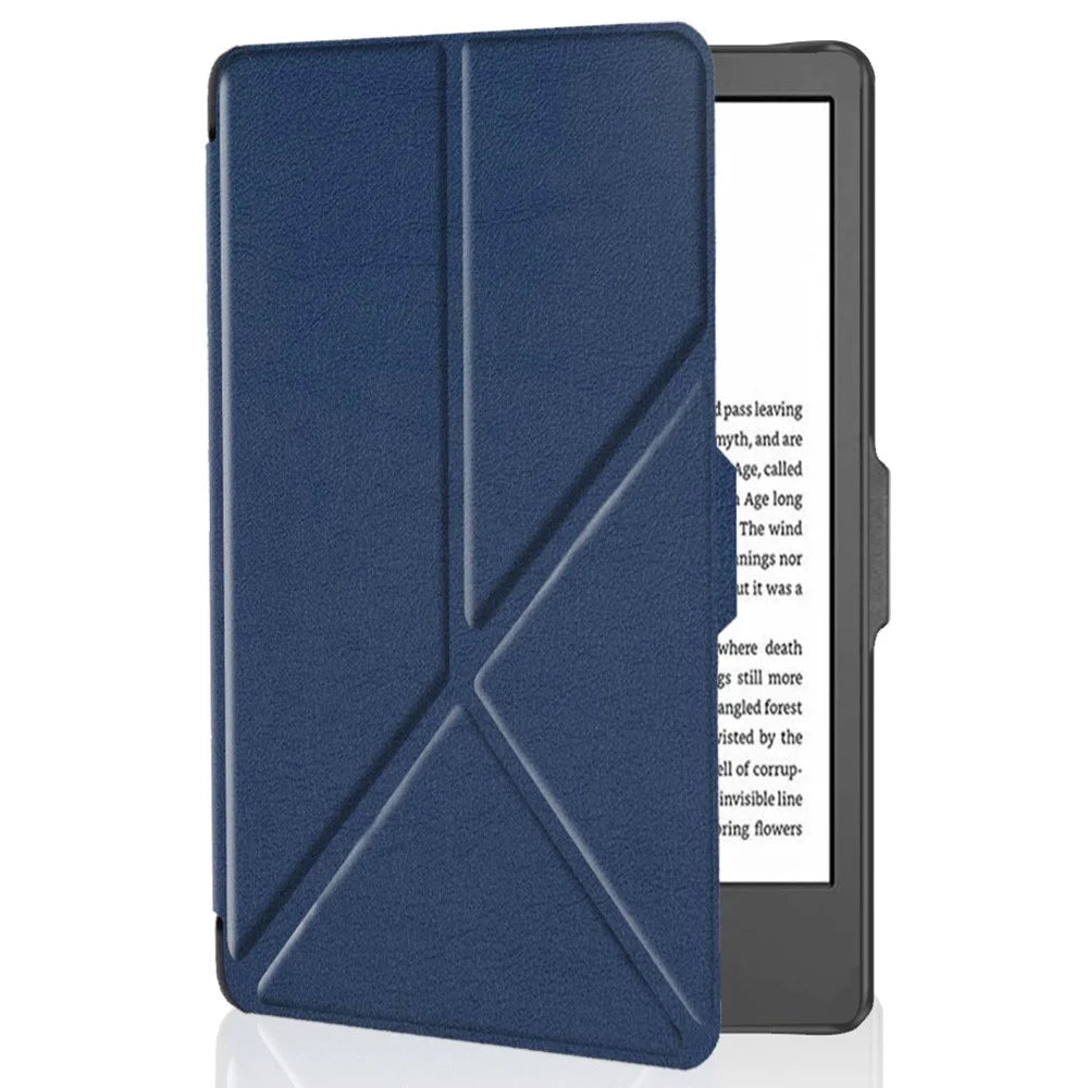 For Kobo Clara 2E Case Origami Stand Hard PC+PU Leather Tablet Cover - Dark Blue - 4