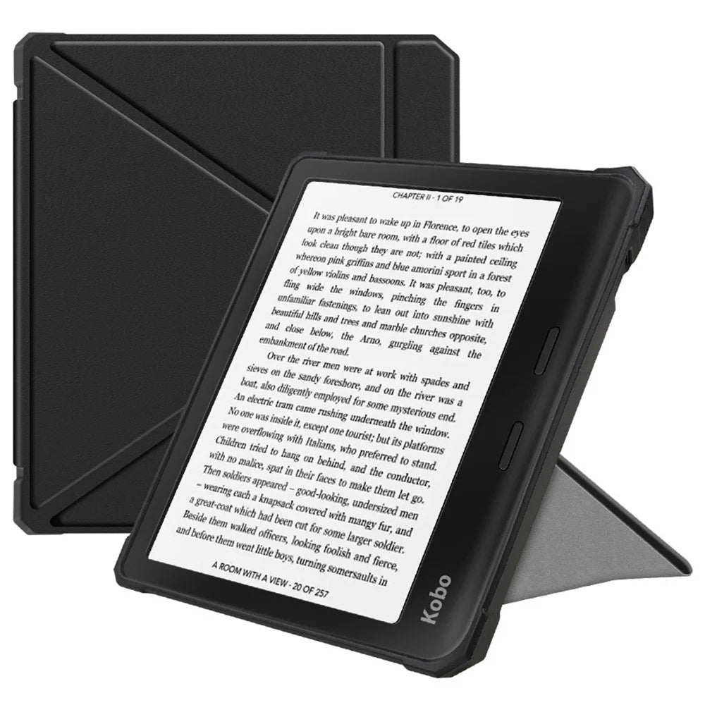 For Kobo Libra 2 N418 Case Soft TPU+PU Leather Tablet Cover with Origami Stand - Black - 1