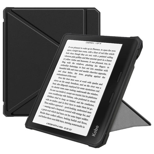 For Kobo Libra 2 N418 Case Soft TPU+PU Leather Tablet Cover with Origami Stand - Black - 1