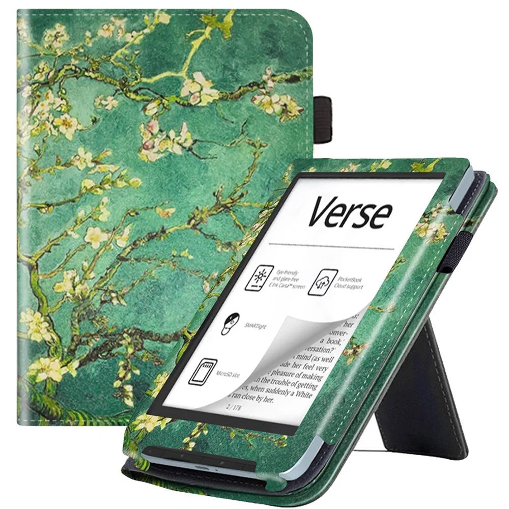 For PocketBook Verse PB629 E-Reader Case Kickstand PU Leather Flip Cover Support Auto Wake / Sleep - Plum Blossom / Green - 1