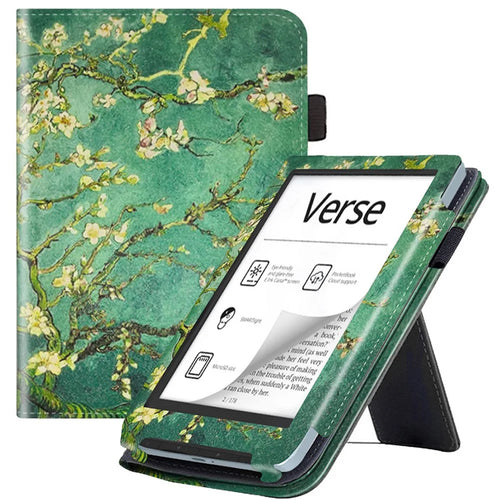 For PocketBook Verse PB629 E-Reader Case Kickstand PU Leather Flip Cover Support Auto Wake / Sleep - Plum Blossom / Green - 1