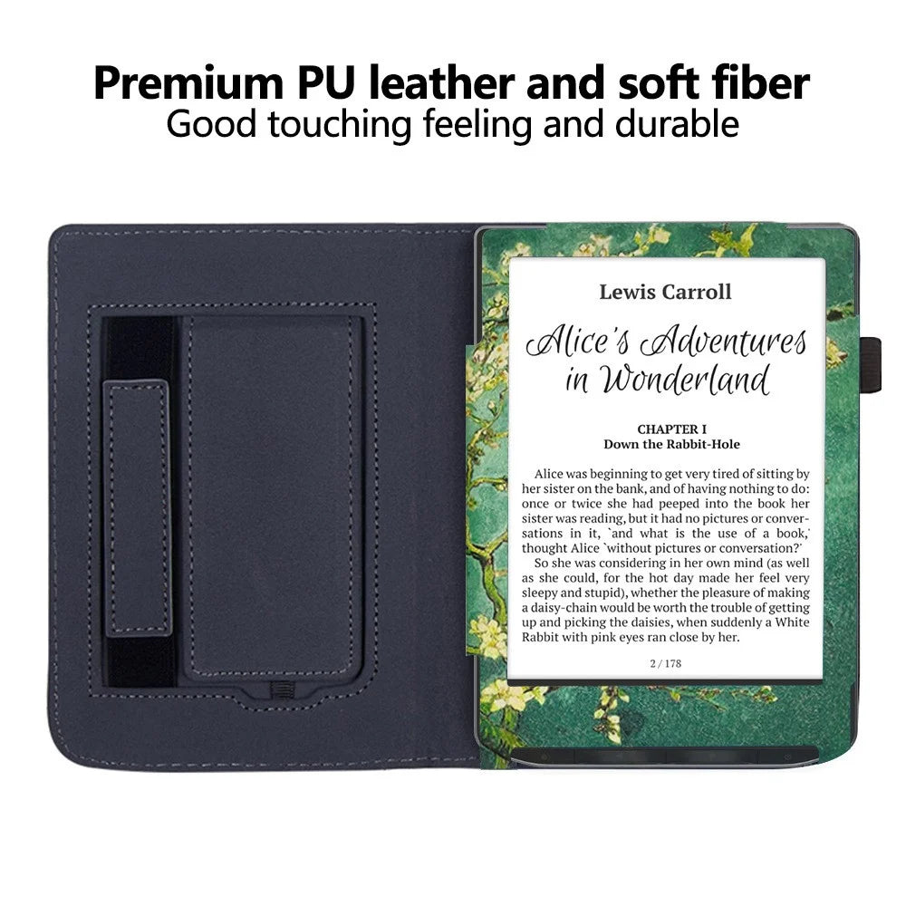 For PocketBook Verse PB629 E-Reader Case Kickstand PU Leather Flip Cover Support Auto Wake / Sleep - Plum Blossom / Green - 2