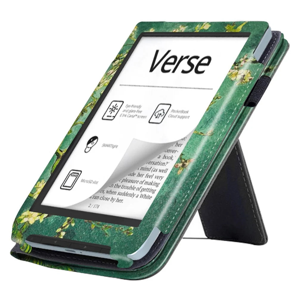 For PocketBook Verse PB629 E-Reader Case Kickstand PU Leather Flip Cover Support Auto Wake / Sleep - Plum Blossom / Green - 3