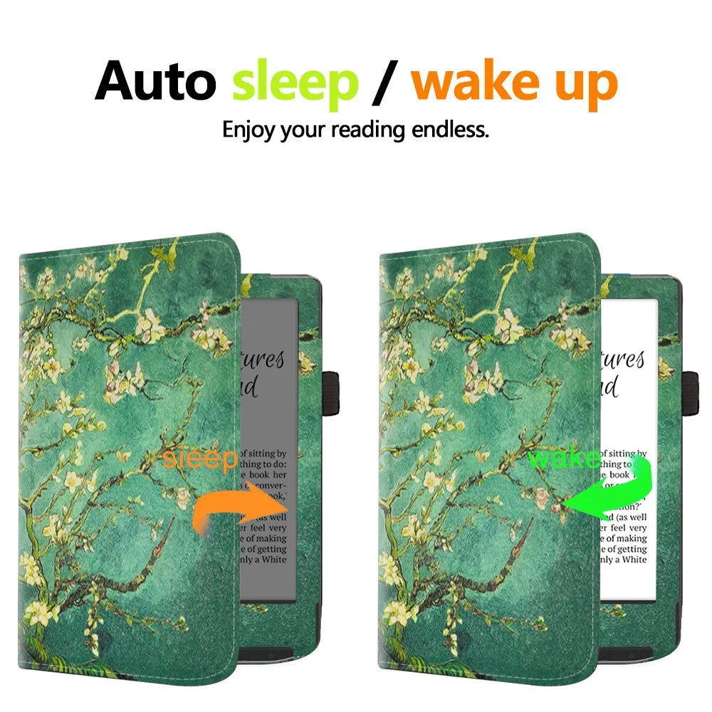For PocketBook Verse PB629 E-Reader Case Kickstand PU Leather Flip Cover Support Auto Wake / Sleep - Plum Blossom / Green - 4