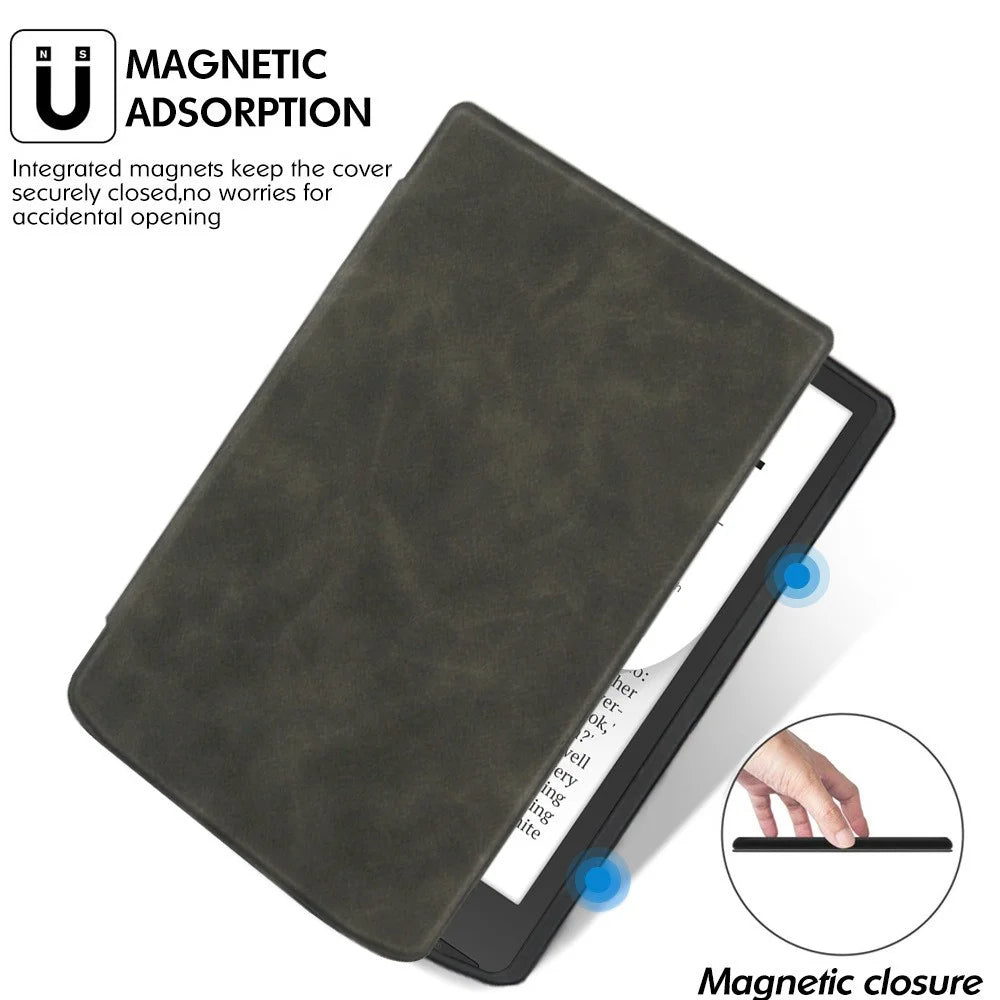 For PocketBook InkPad Color 2 / 3 PB743 Case Skin-Touch PU Leather E-Reader Cover with Auto Wake / Sleep - Black - 3