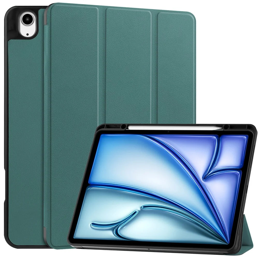 For iPad Air 13 (2026) / (2025) / (2024) Leather Case Tri-Fold Stand Tablet Cover with Pen Slot - Blackish Green - 1