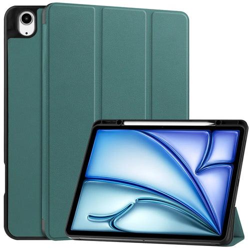 For iPad Air 13 (2026) / (2025) / (2024) Leather Case Tri-Fold Stand Tablet Cover with Pen Slot - Blackish Green - 1