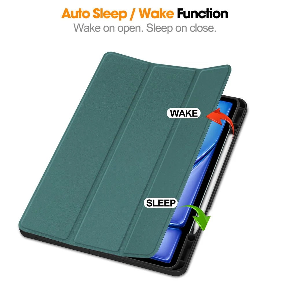 For iPad Air 13 (2026) / (2025) / (2024) Leather Case Tri-Fold Stand Tablet Cover with Pen Slot - Blackish Green - 3