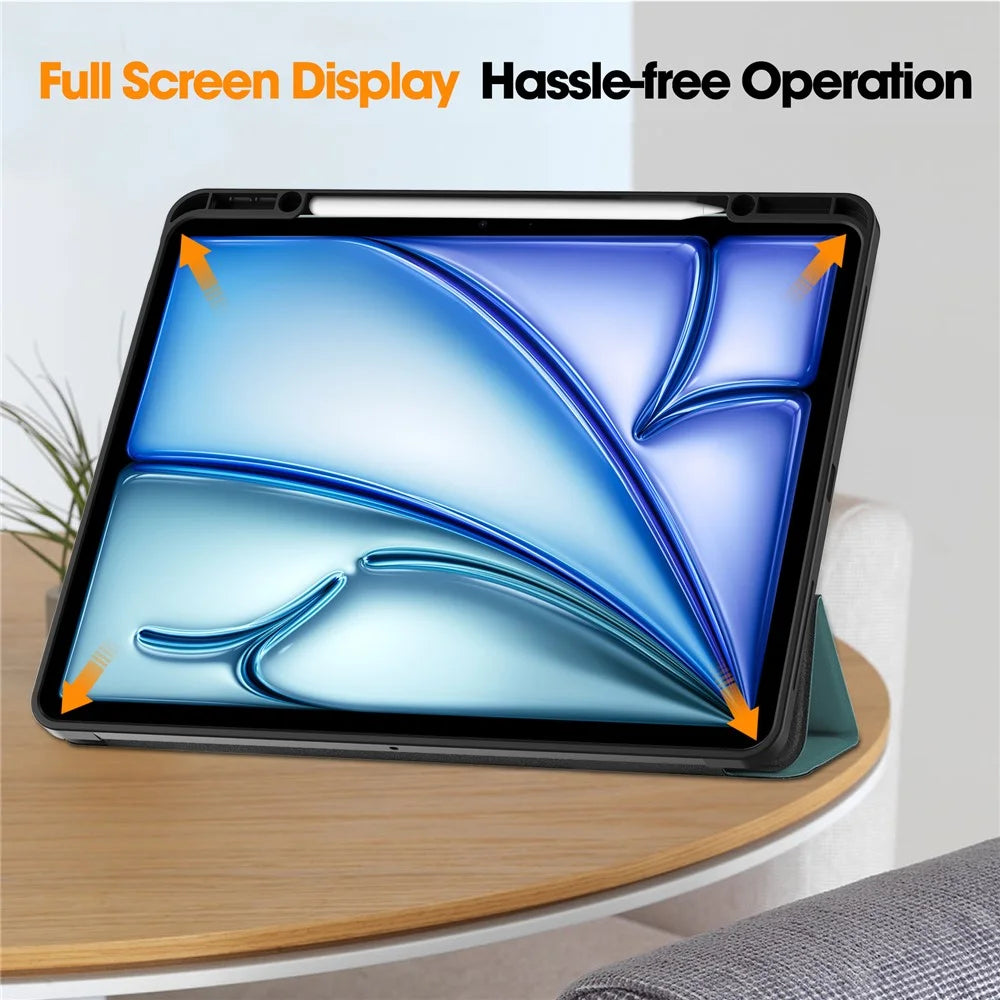 For iPad Air 13 (2026) / (2025) / (2024) Leather Case Tri-Fold Stand Tablet Cover with Pen Slot - Blackish Green - 5