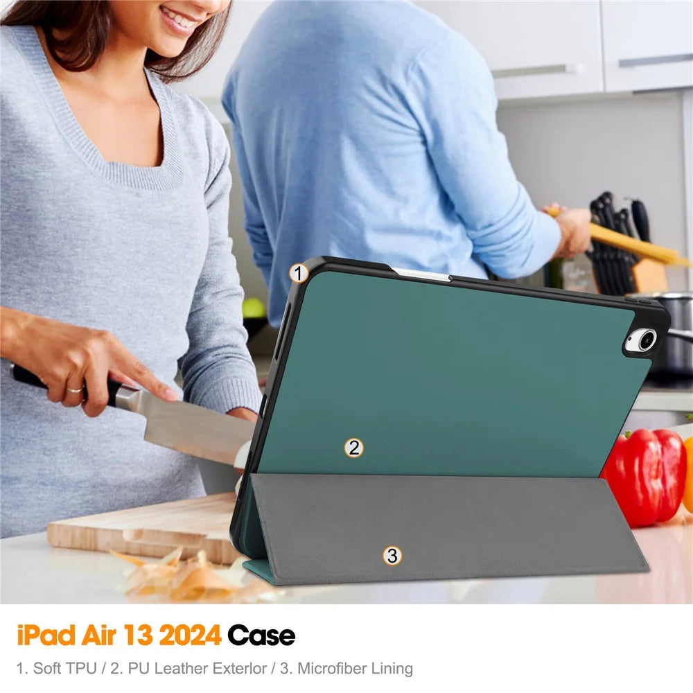 For iPad Air 13 (2026) / (2025) / (2024) Leather Case Tri-Fold Stand Tablet Cover with Pen Slot - Blackish Green - 7