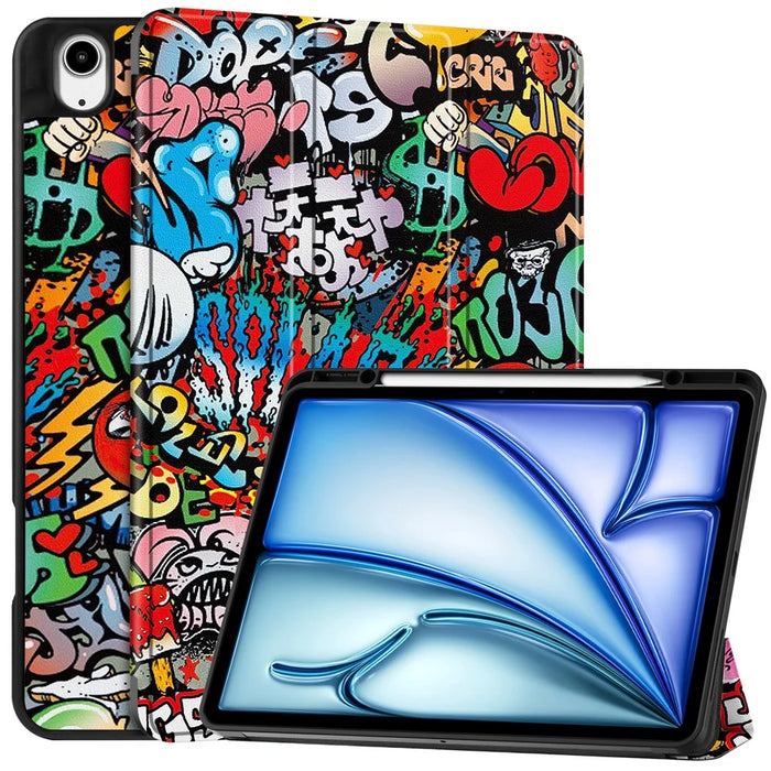 For iPad Air 13 (2026) / (2025) / (2024) Case Pattern Printing Tri-Fold Stand Leather Cover with Pen Slot - Graffiti - 1