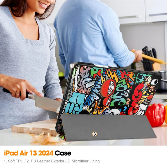 For iPad Air 13 (2026) / (2025) / (2024) Case Pattern Printing Tri-Fold Stand Leather Cover with Pen Slot - Graffiti - 7