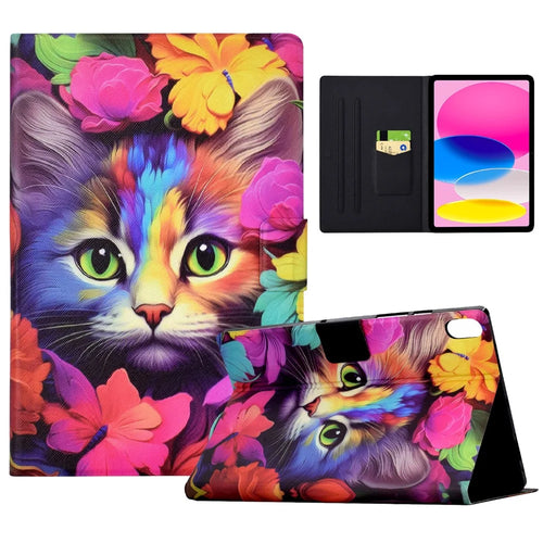 For iPad (2025) / 10.9 (2022) Case with Card Slots Pattern Printed Bump Proof Leather Tablet Cover - Rose Cat - 1