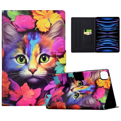 For iPad Air 11 (2026) / (2025) / (2024) / Air (2022) / (2020) / Pro 11 (2020) / (2018) Case PU Leather Pattern Folio Smart Tablet Cover - Rose Cat - 1