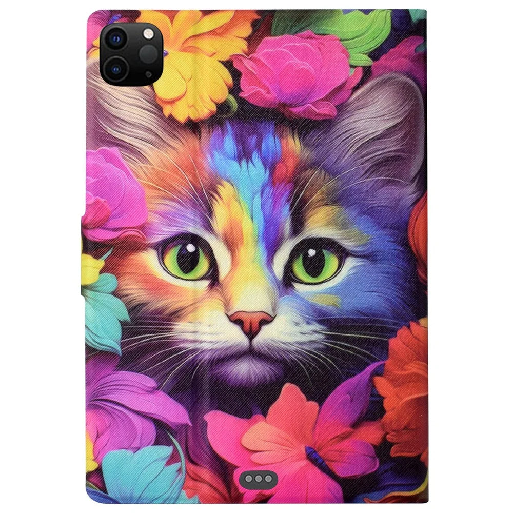 For iPad Air 11 (2026) / (2025) / (2024) / Air (2022) / (2020) / Pro 11 (2020) / (2018) Case PU Leather Pattern Folio Smart Tablet Cover - Rose Cat - 7