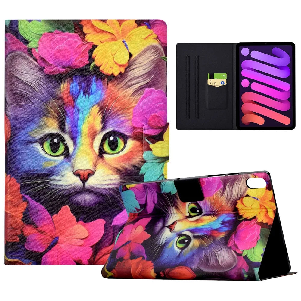For iPad mini (2024) / mini (2021) Case PU Leather Card Slots Tablet Cover with Auto Wake / Sleep - Rose Cat - 1