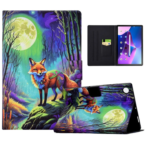 For Lenovo Tab M10 Plus (3rd Gen) Case Pattern Printed PU Leather Tablet Smart Cover with Card Holder - Moonlight Fox - 1