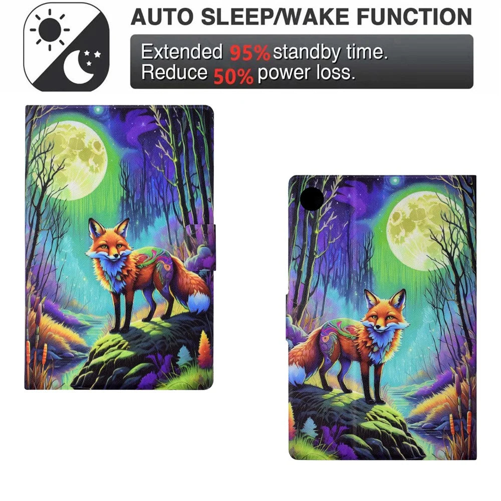 For Lenovo Tab M10 Plus (3rd Gen) Case Pattern Printed PU Leather Tablet Smart Cover with Card Holder - Moonlight Fox - 6