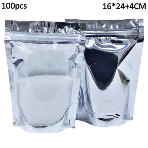 MX-009 100Pcs 16x24cm+4cm Stand Up Aluminum Foil Bags 16C Reusable Food Pouches with Zip Lock - 1
