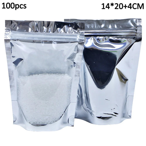 MX-009 100Pcs 14x20cm+4cm Food Storage Packaging Pouch Clear Silver Aluminum Foil Bags (No FDA, BPA-Free) - 1
