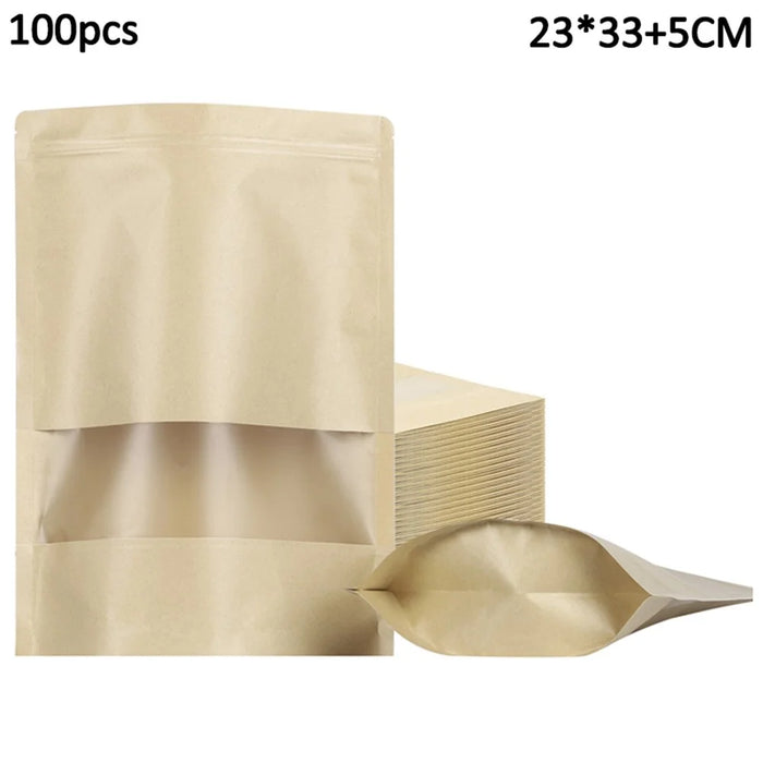 MX-001 100Pcs 23x33cm+5cm 28C Kraft Paper Stand-Up Pouch Ziplock Food Storage Bags with Clear Window - 1