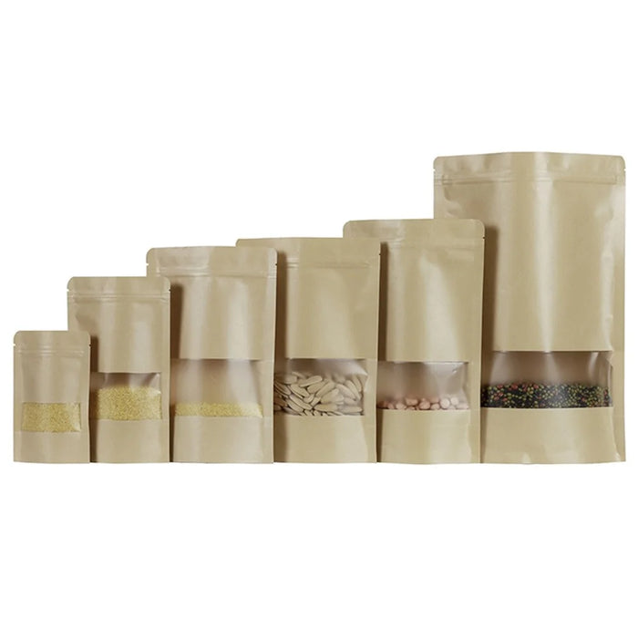 MX-001 100Pcs 23x33cm+5cm 28C Kraft Paper Stand-Up Pouch Ziplock Food Storage Bags with Clear Window - 6