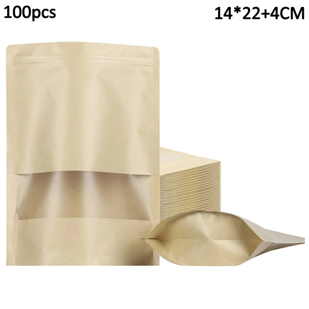 MX-001 100Pcs 14x22cm+4cm 28C Kraft Paper Food Bags Stand-Up Ziplock Storage Pouch with Clear Window - 1