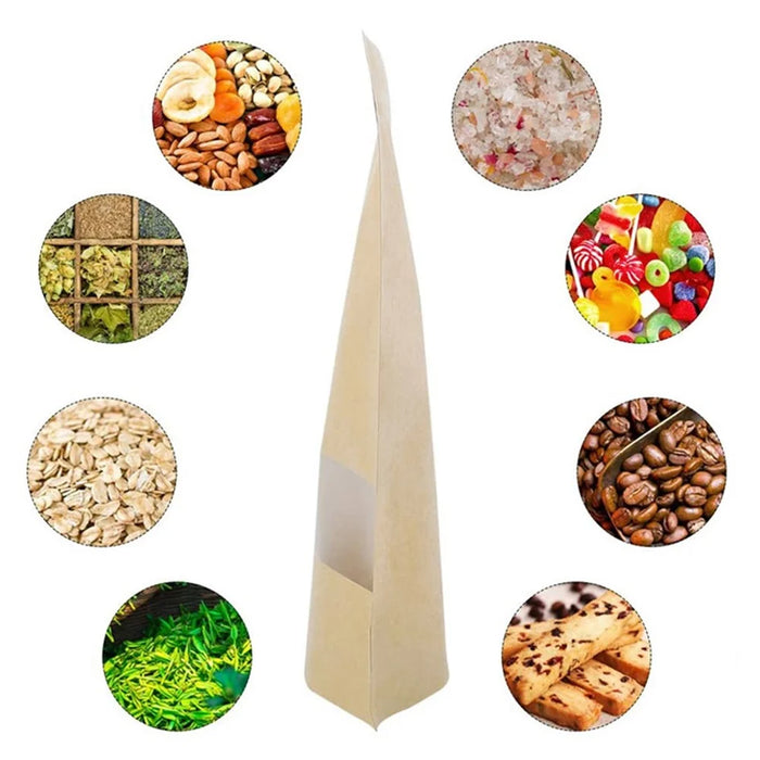 MX-001 100Pcs 14x22cm+4cm 28C Kraft Paper Food Bags Stand-Up Ziplock Storage Pouch with Clear Window - 3