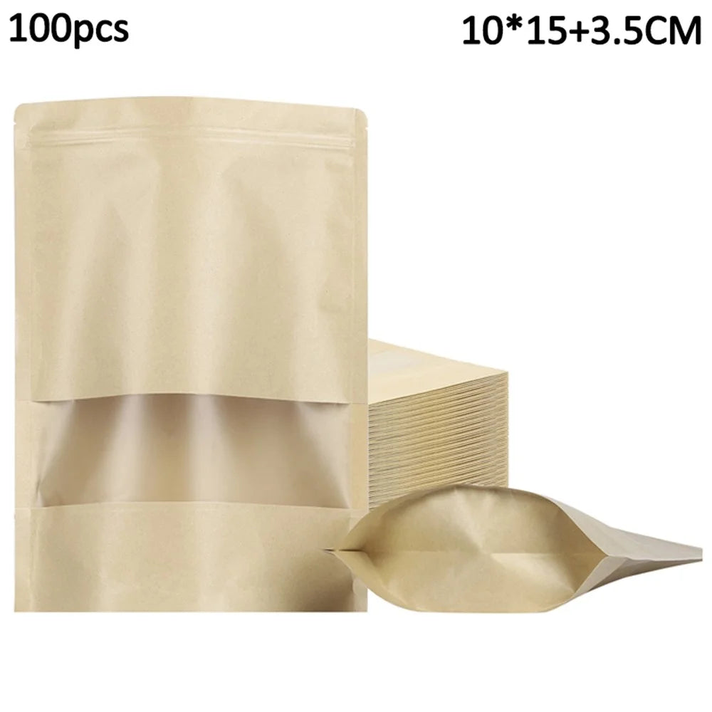 MX-001 100Pcs 10x15cm+3.5cm Kraft Paper Bags 28C Zipper Seal Stand Up Pouches with Clear Window (BPA-free, No FDA Certification) - 1