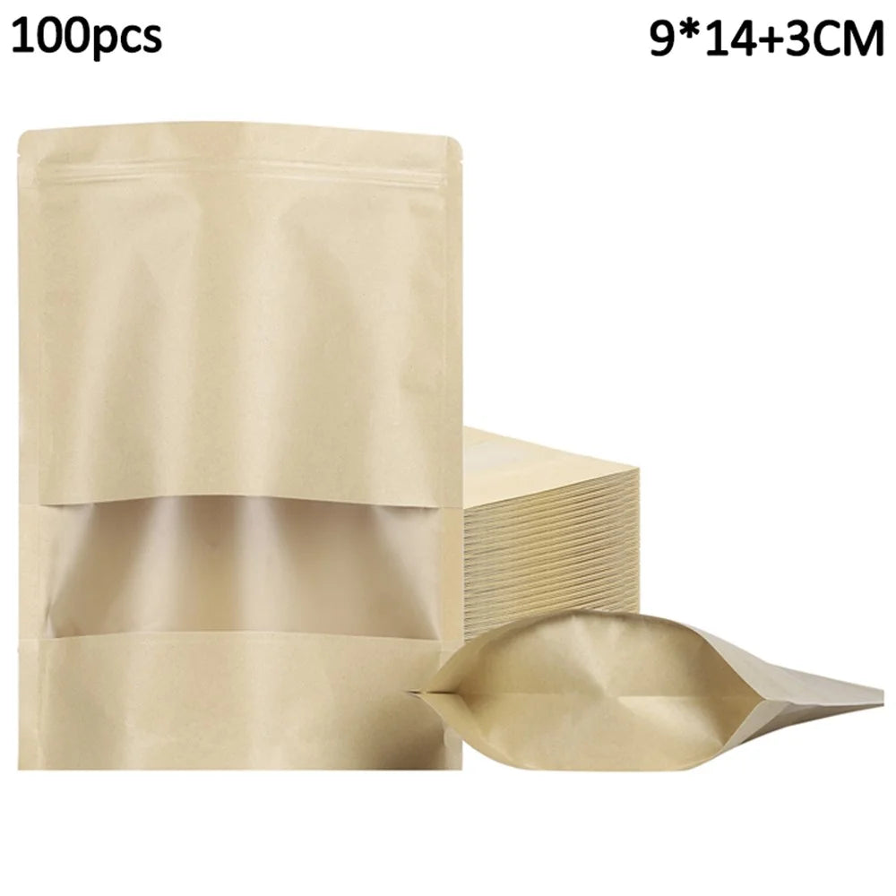 MX-001 100Pcs 9x14cm+3cm 28C Kraft Paper Food Bags Stand-Up Ziplock Storage Bag with Clear Window - 1